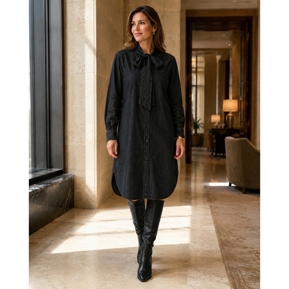 Lauren Ralph Lauren Shirt Dress Womens 14 Black Cotton Tie Neck Button Front NWT